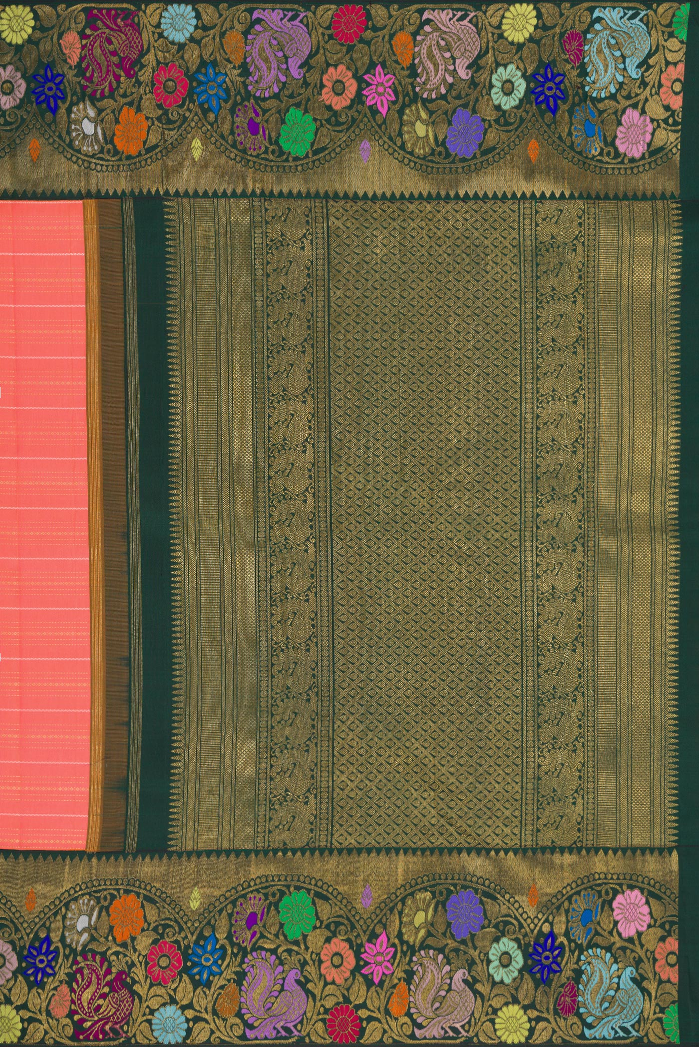 Close up image of the pallu of Pure Silk Pure Zari Pink Dual Tone Kanjivaram Saree with Stripes on the body and Fancy Border. 
