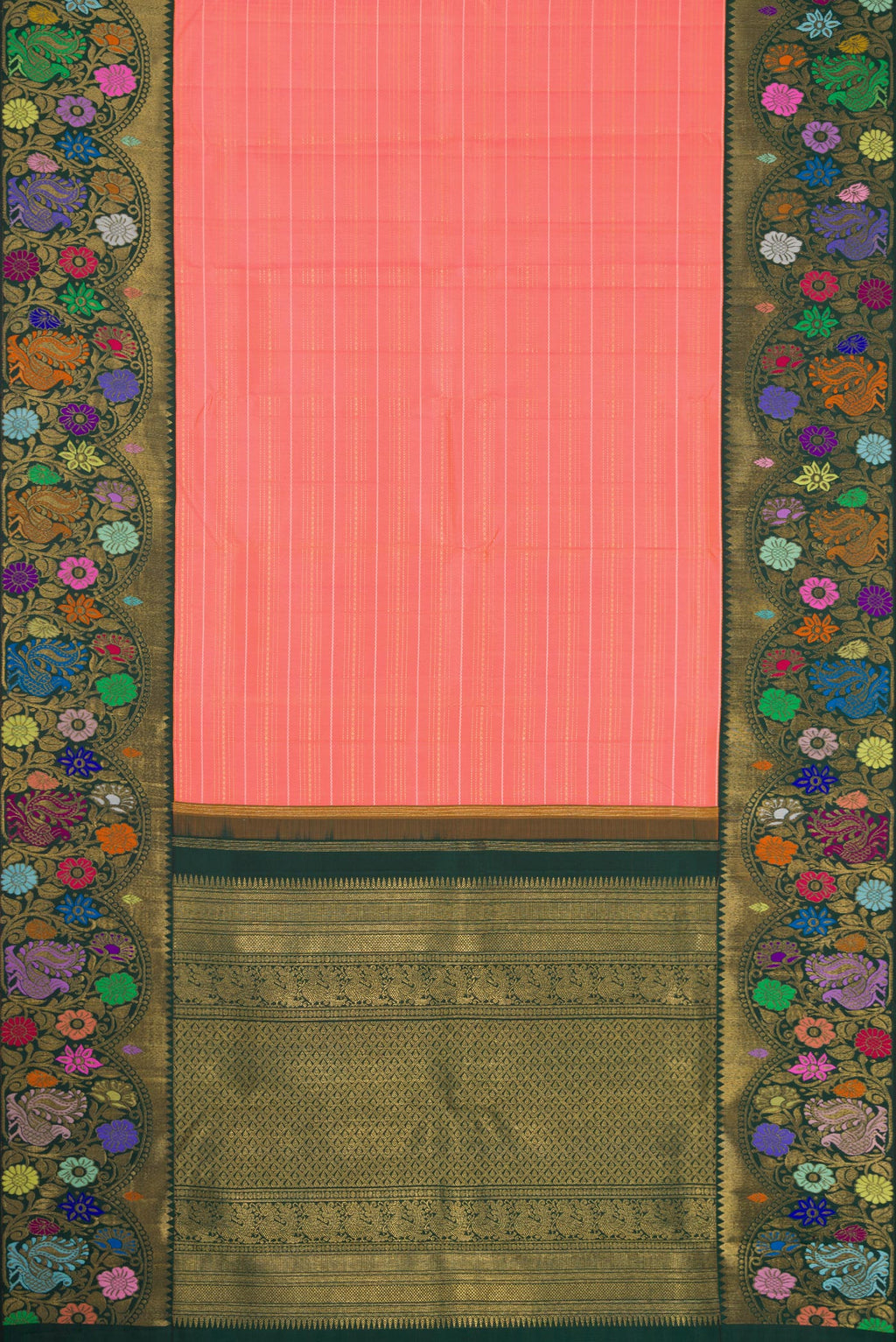 Flat view of Pure Silk Pure Zari Pink Dual Tone Kanjivaram Saree with Stripes on the body and Fancy Border. 