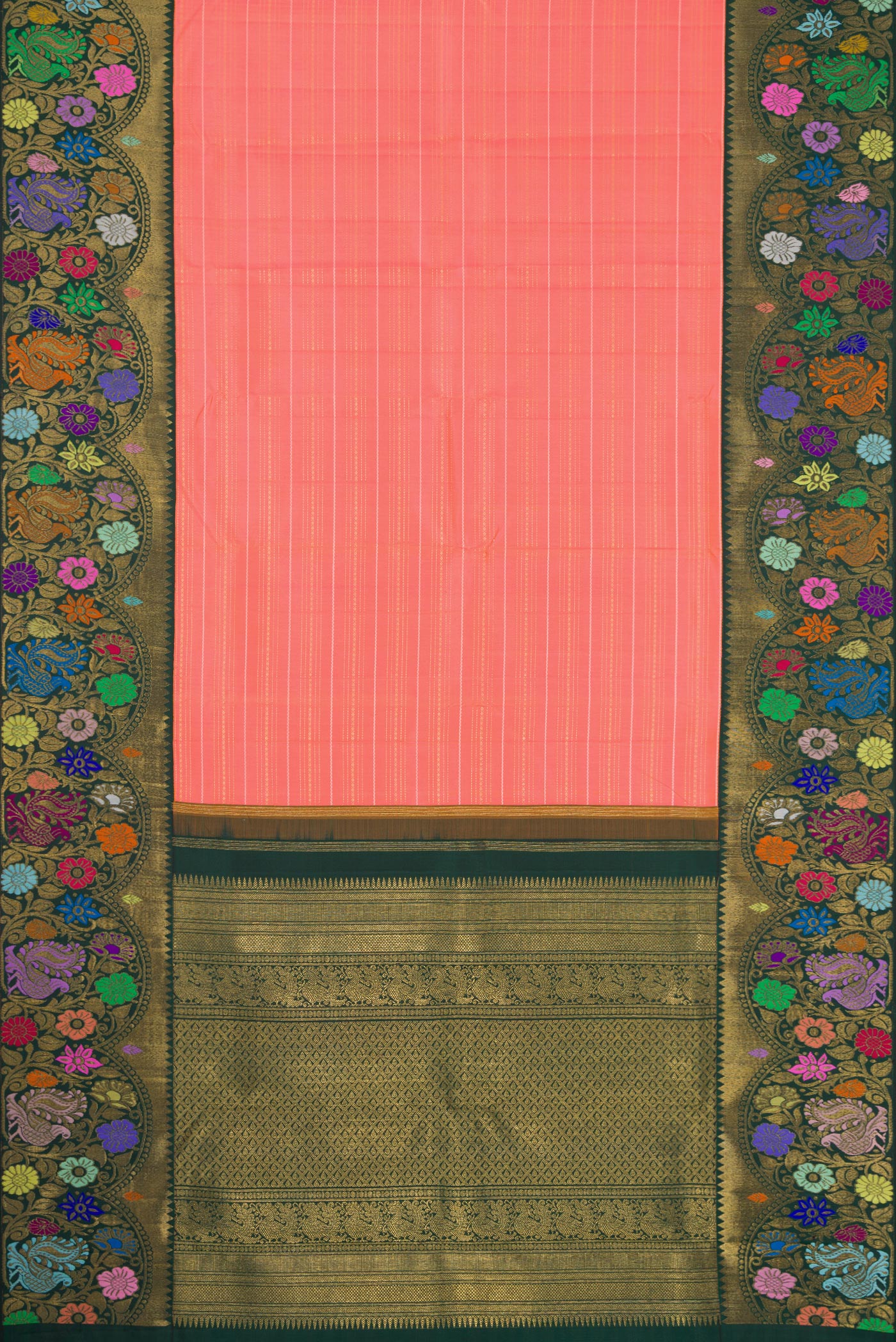 Flat view of Pure Silk Pure Zari Pink Dual Tone Kanjivaram Saree with Stripes on the body and Fancy Border. 