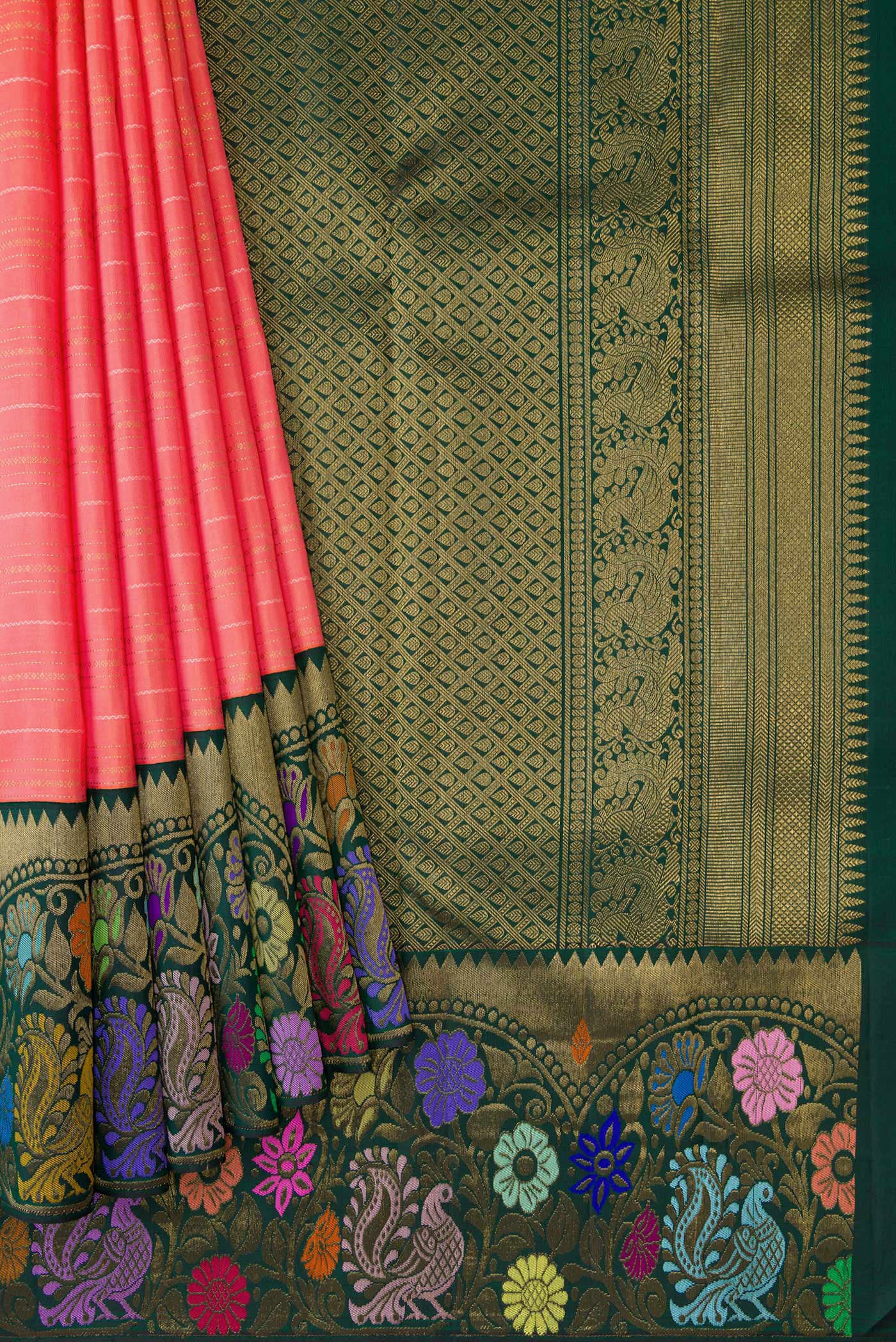 Pleats and pallu of Pure Silk Pure Zari Pink Dual Tone Kanjivaram Saree with Stripes on the body and Fancy Border. 