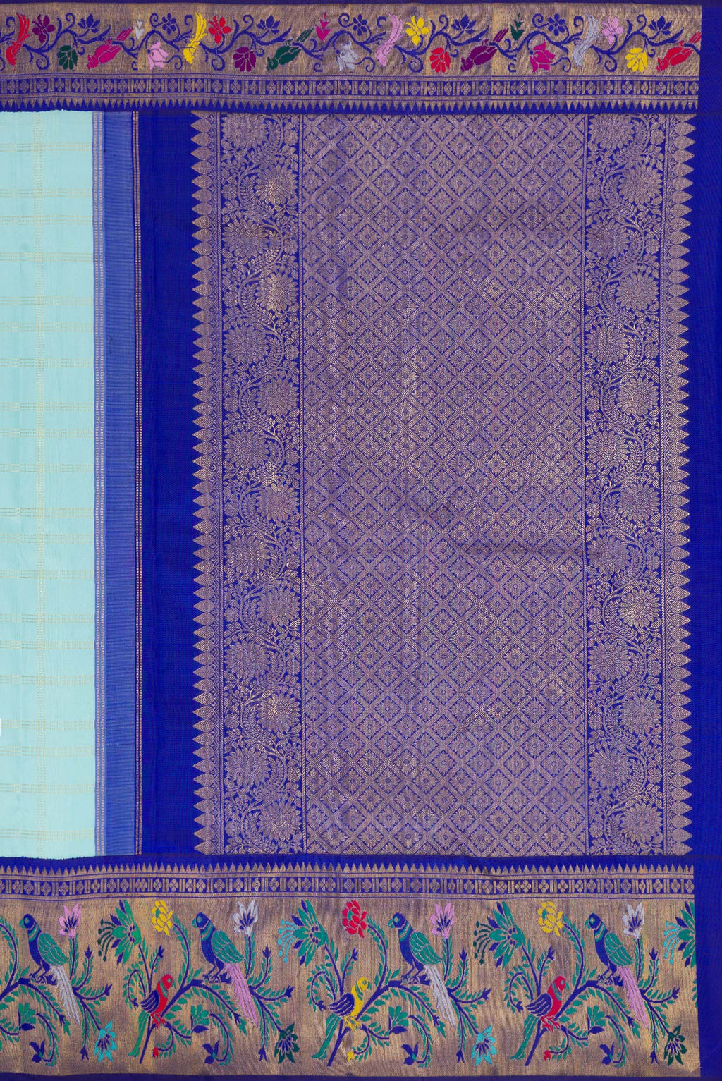 Close up image of the pallu of Sky Blue Dual Tone Kanjivaram Tissue Silk Saree with Checked design on the body and Fancy Border. 