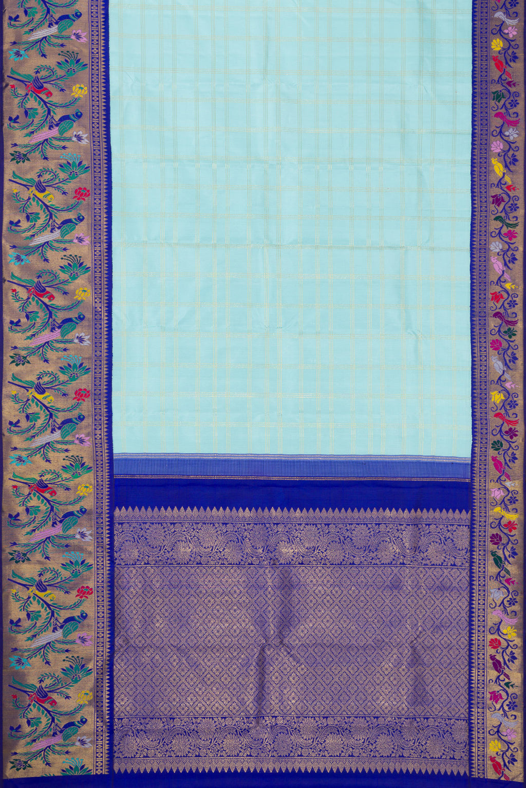 Flat view of Sky Blue Dual Tone Kanjivaram Tissue Silk Saree with Checked design on the body and Fancy Border. 