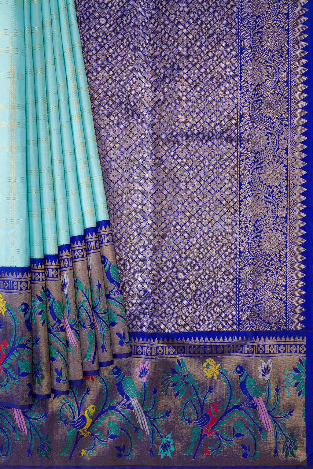 Pleats and pallu of Sky Blue Dual Tone Kanjivaram Tissue Silk Saree with Checked design on the body and Fancy Border. 