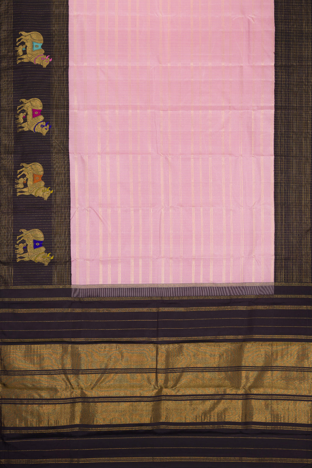 Flat view of Pink Dual Tone Kanchipuram Silk Saree with Checked design on the body and Fancy Border. 