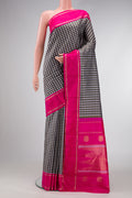 Pure Silk Pure Zari Black and Grey Color Kanjivaram Saree with Checked design on the body and Zari Border.  displayed on a mannequin