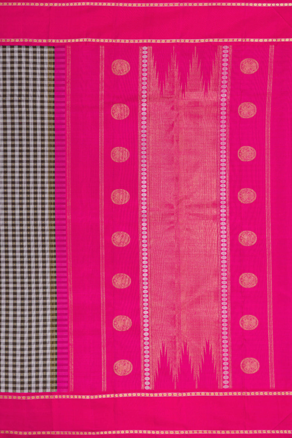Close up image of the pallu of Pure Silk Pure Zari Black and Grey Color Kanjivaram Saree with Checked design on the body and Zari Border. 
