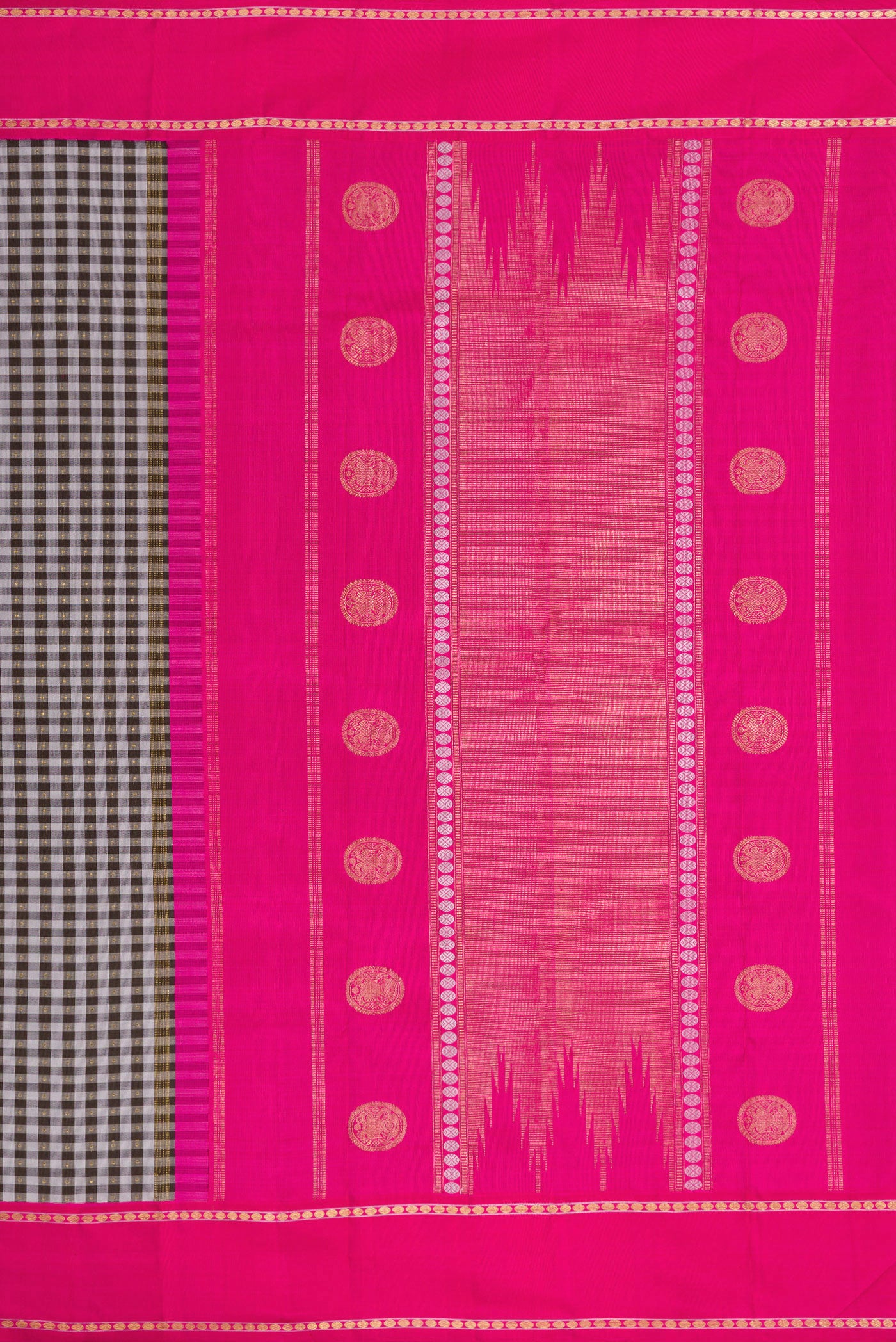 Close up image of the pallu of Pure Silk Pure Zari Black and Grey Color Kanjivaram Saree with Checked design on the body and Zari Border. 