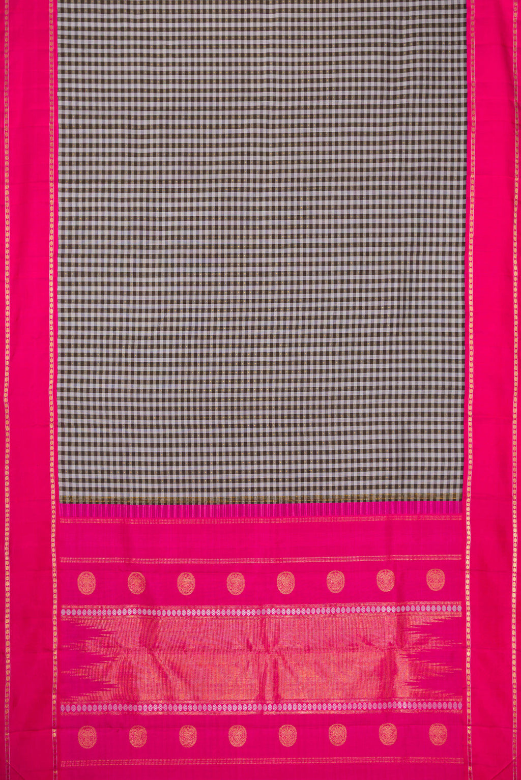Flat view of Pure Silk Pure Zari Black and Grey Color Kanjivaram Saree with Checked design on the body and Zari Border. 