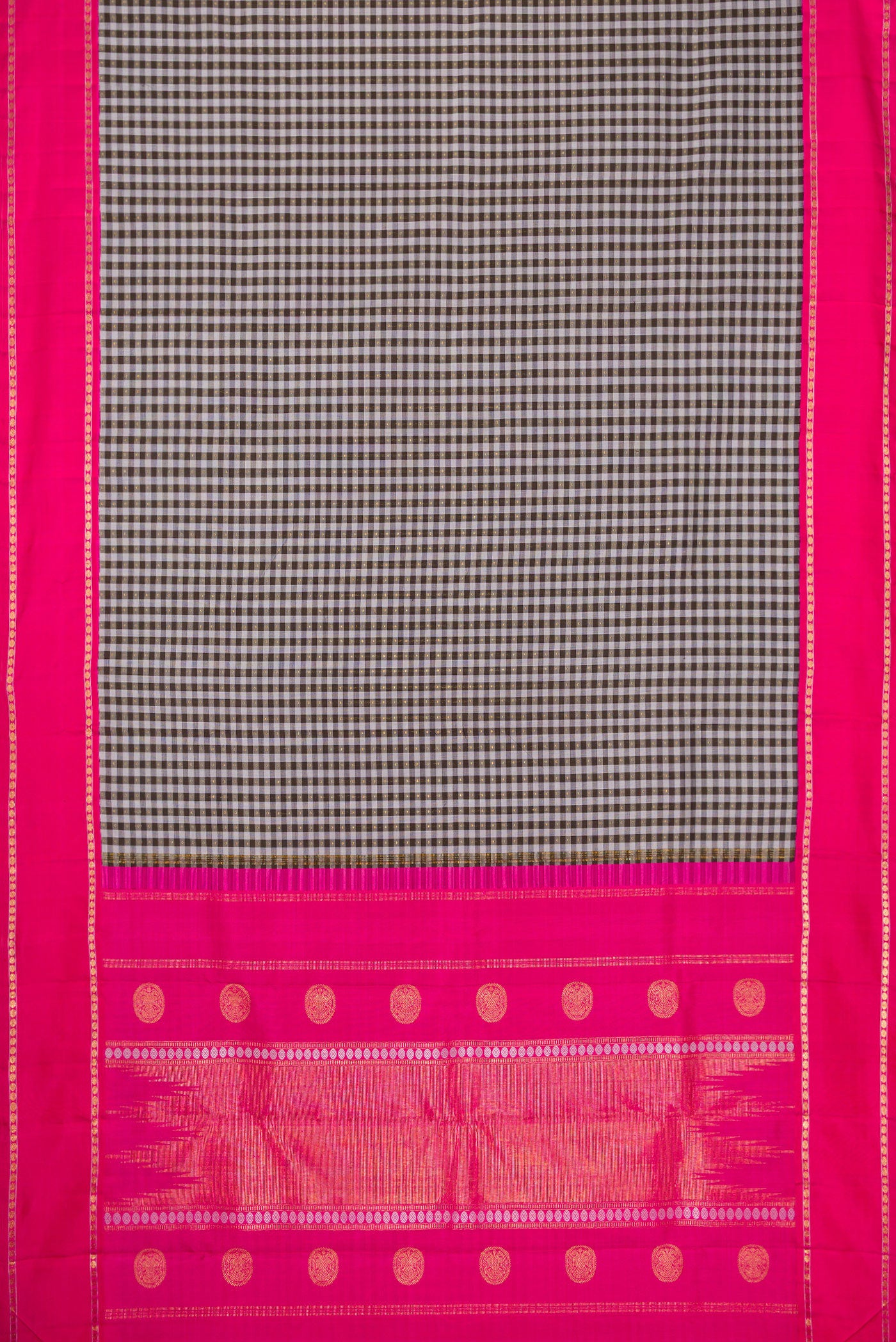 Flat view of Pure Silk Pure Zari Black and Grey Color Kanjivaram Saree with Checked design on the body and Zari Border. 