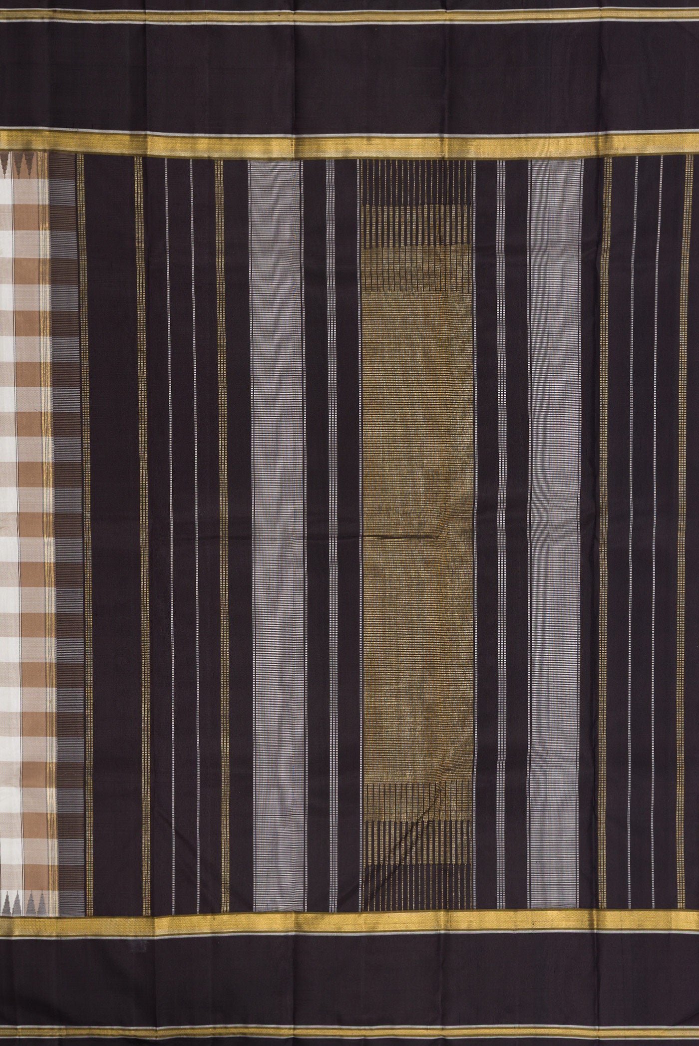 Close up image of the pallu of Pure Silk Pure Zari Beige and Off White Color Kanchipuram Saree with Checked design on the body and Zari Border. 