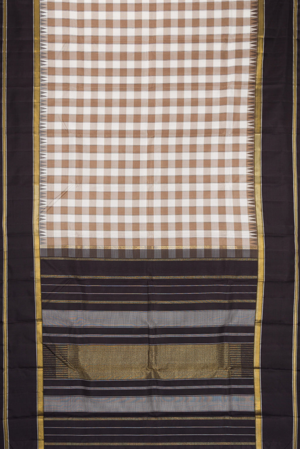 Flat view of Pure Silk Pure Zari Beige and Off White Color Kanchipuram Saree with Checked design on the body and Zari Border. 