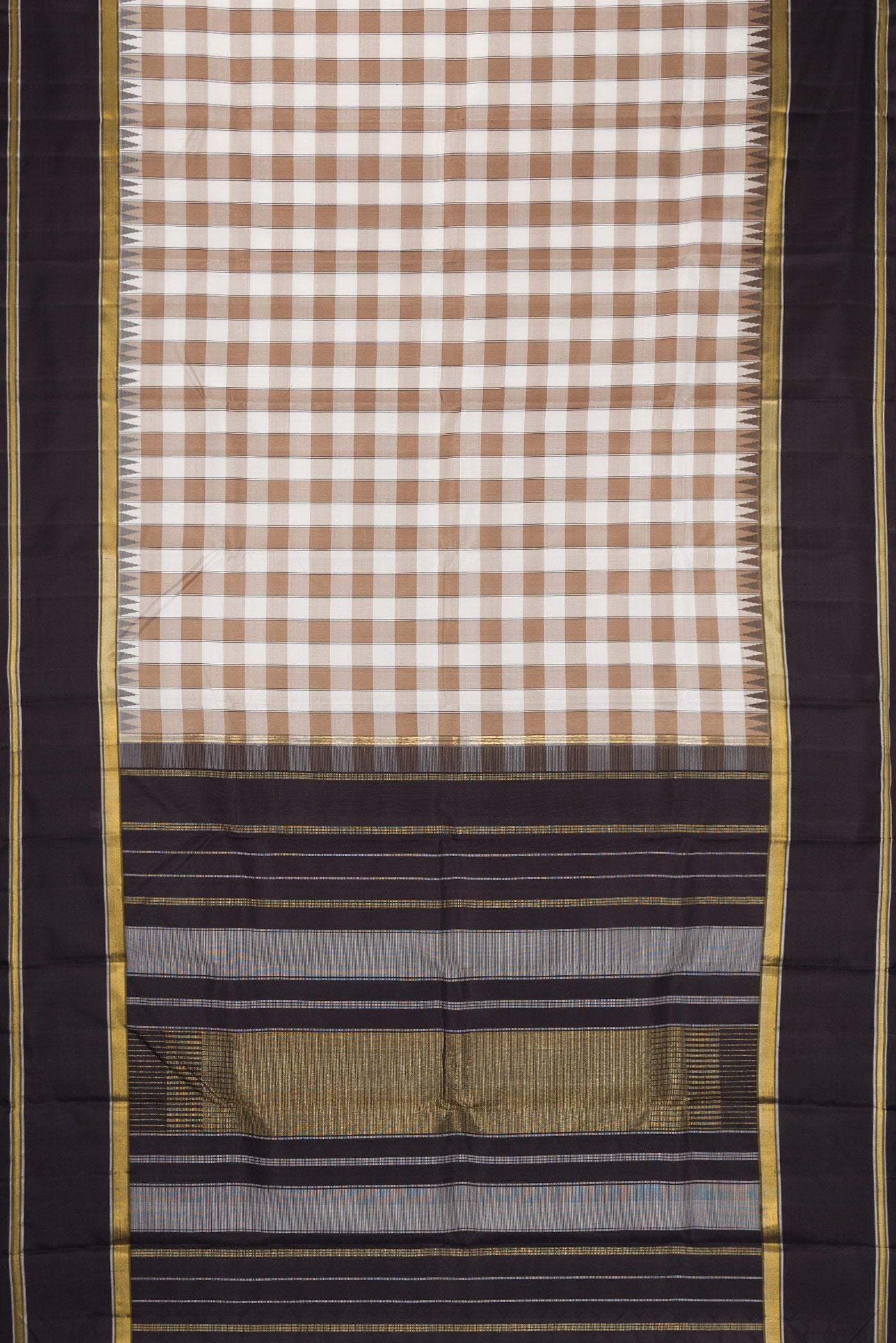 Flat view of Pure Silk Pure Zari Beige and Off White Color Kanchipuram Saree with Checked design on the body and Zari Border. 
