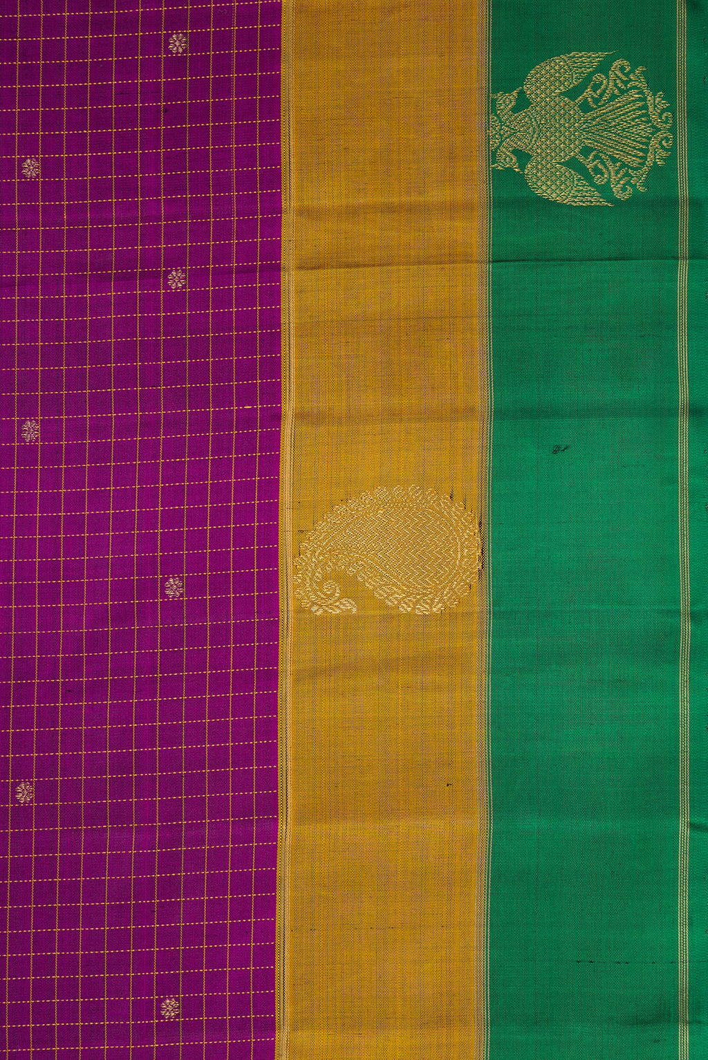 Border image of Pure Silk Pure Zari Burgundy Dual Tone Kanchipuram Saree with Checked design on the body and Fancy Border. 