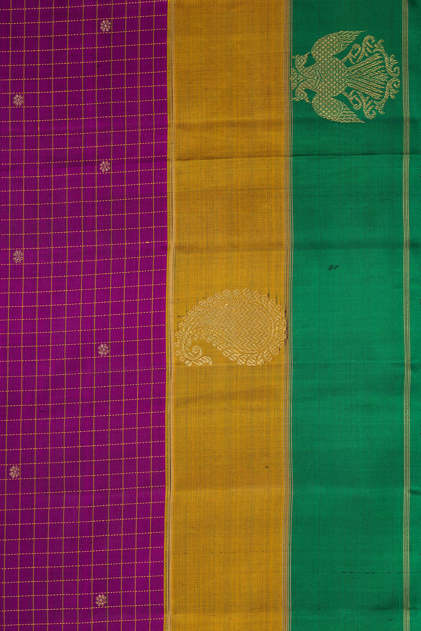 Border image of Pure Silk Pure Zari Burgundy Dual Tone Kanchipuram Saree with Checked design on the body and Fancy Border. 