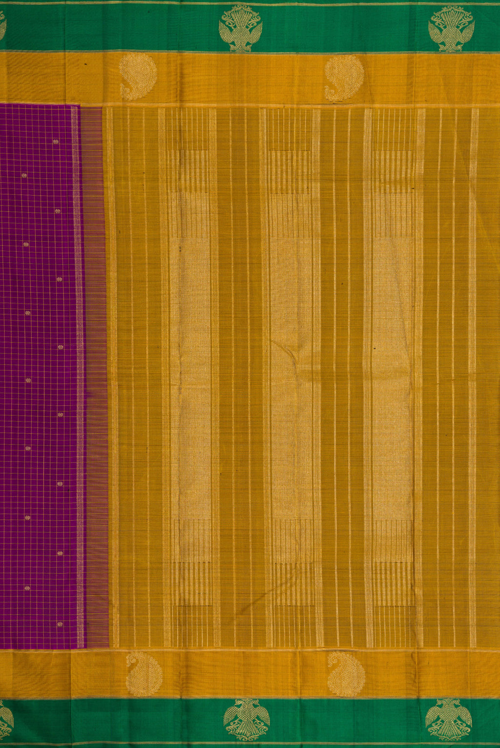 Close up image of the pallu of Pure Silk Pure Zari Burgundy Dual Tone Kanchipuram Saree with Checked design on the body and Fancy Border. 