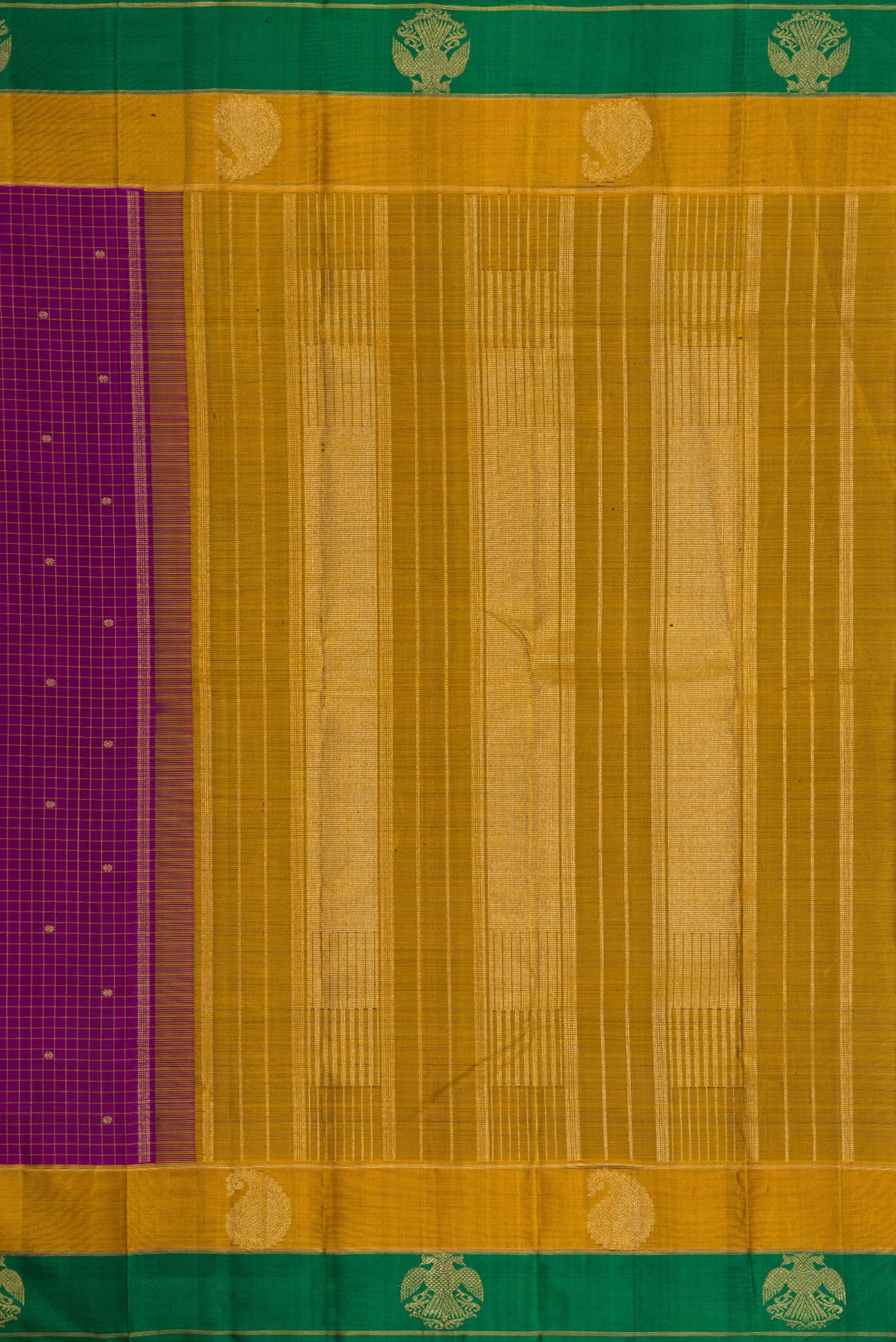 Close up image of the pallu of Pure Silk Pure Zari Burgundy Dual Tone Kanchipuram Saree with Checked design on the body and Fancy Border. 