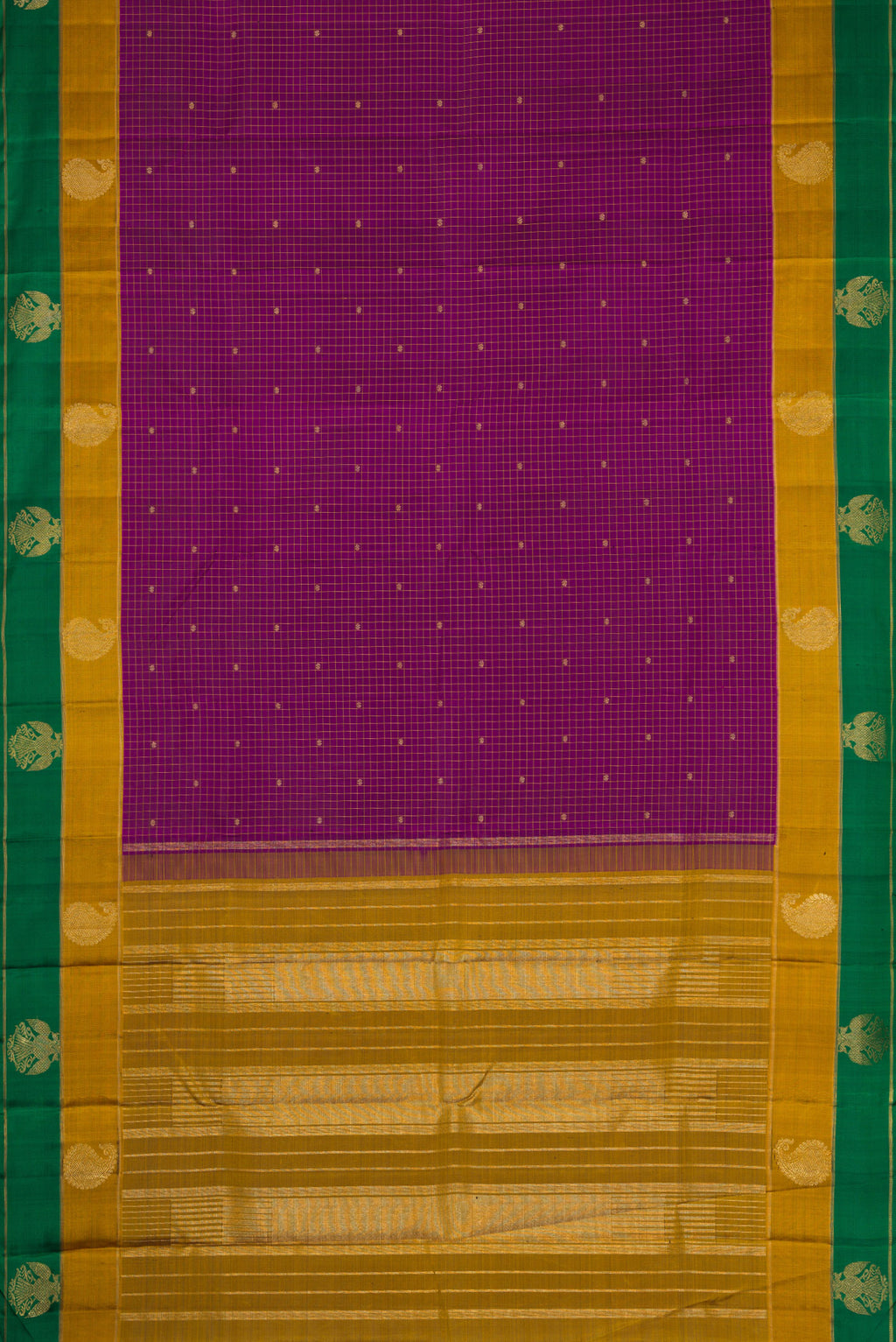 Flat view of Pure Silk Pure Zari Burgundy Dual Tone Kanchipuram Saree with Checked design on the body and Fancy Border. 