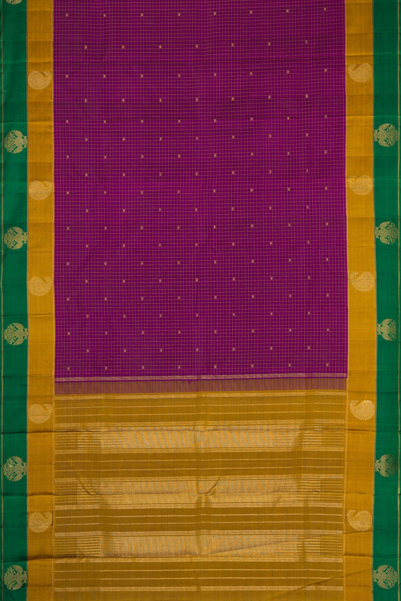 Flat view of Pure Silk Pure Zari Burgundy Dual Tone Kanchipuram Saree with Checked design on the body and Fancy Border. 