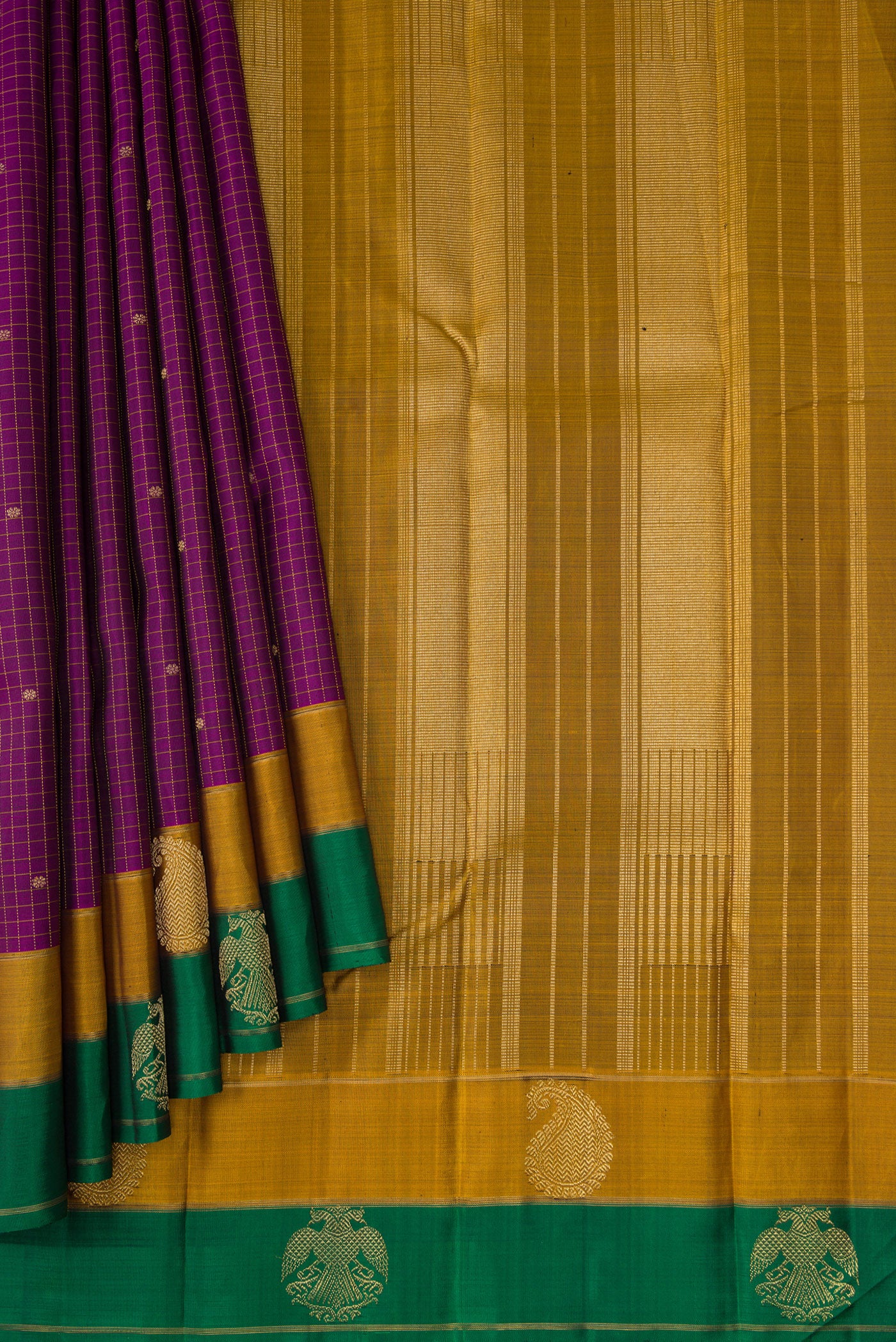 Pleats and pallu of Pure Silk Pure Zari Burgundy Dual Tone Kanchipuram Saree with Checked design on the body and Fancy Border. 