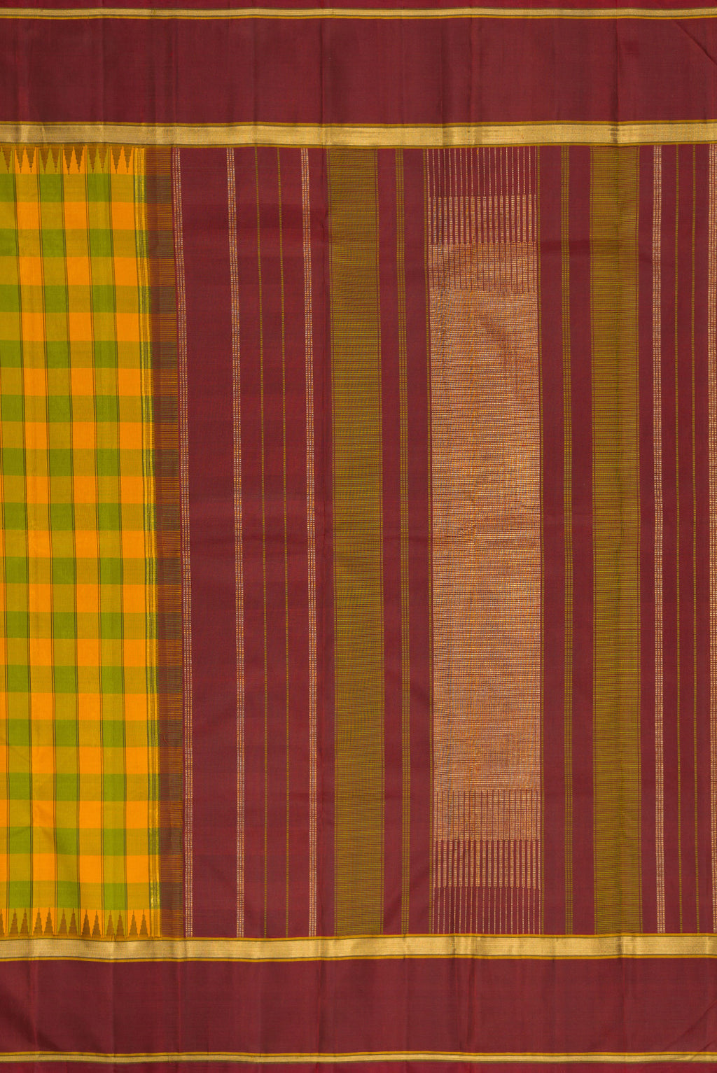 Close up image of the pallu of Pure Silk Pure Zari Green and Yellow Color Kanchipuram Saree with Checked design on the body and Temple Border. 