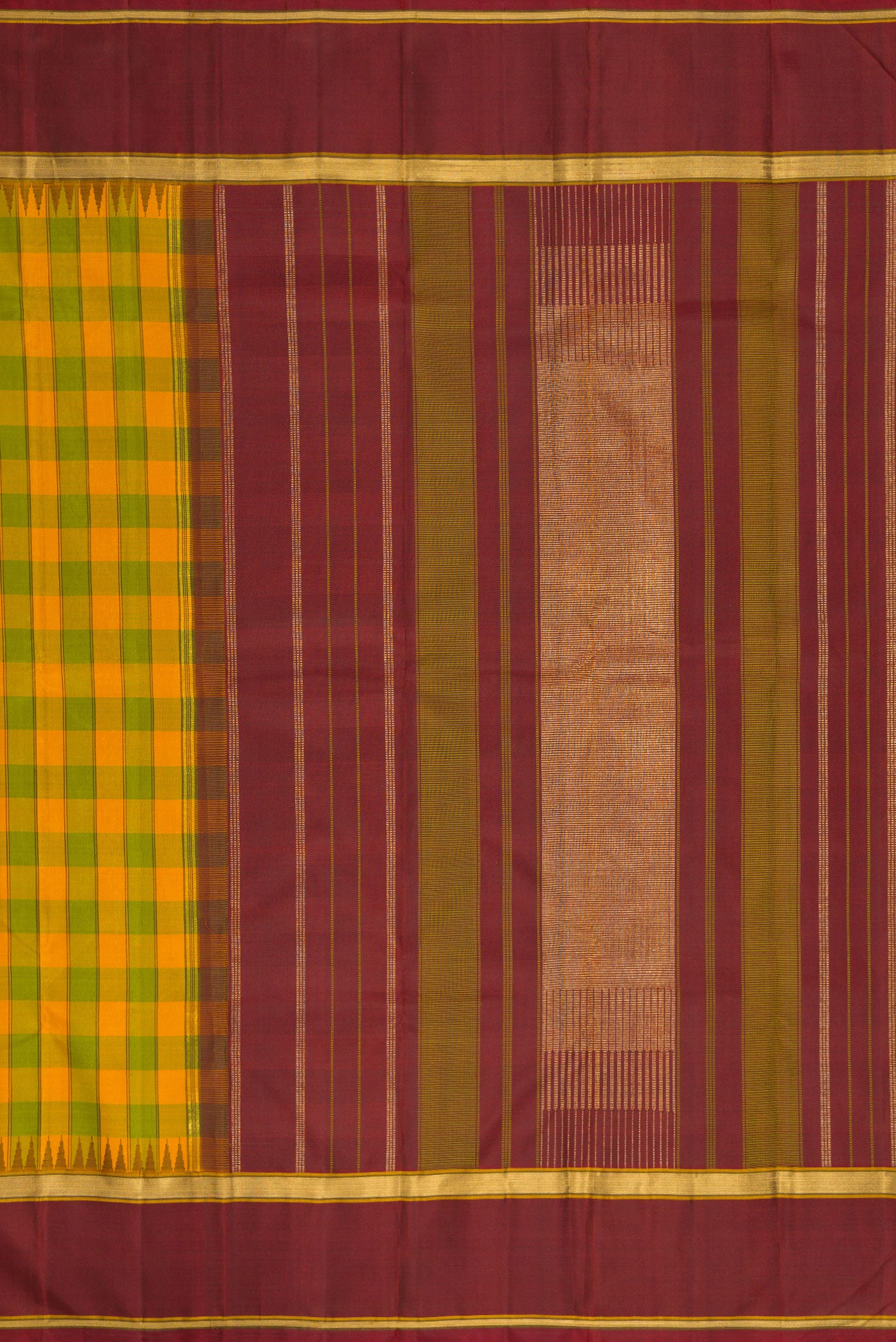 Close up image of the pallu of Pure Silk Pure Zari Green and Yellow Color Kanchipuram Saree with Checked design on the body and Temple Border. 