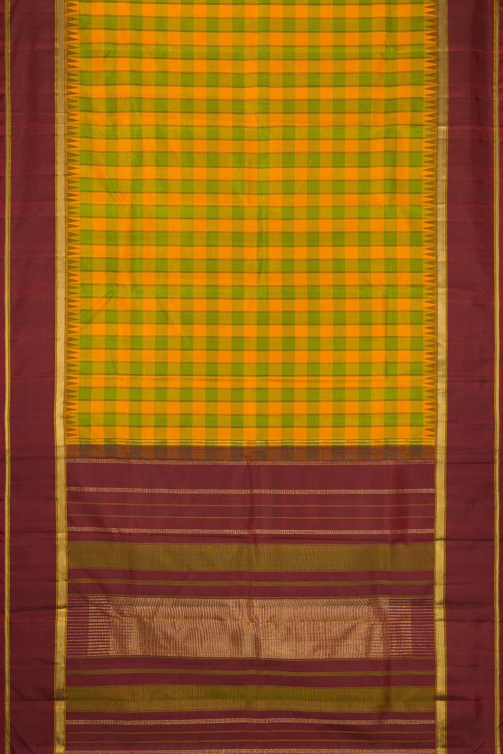 Flat view of Pure Silk Pure Zari Green and Yellow Color Kanchipuram Saree with Checked design on the body and Temple Border. 