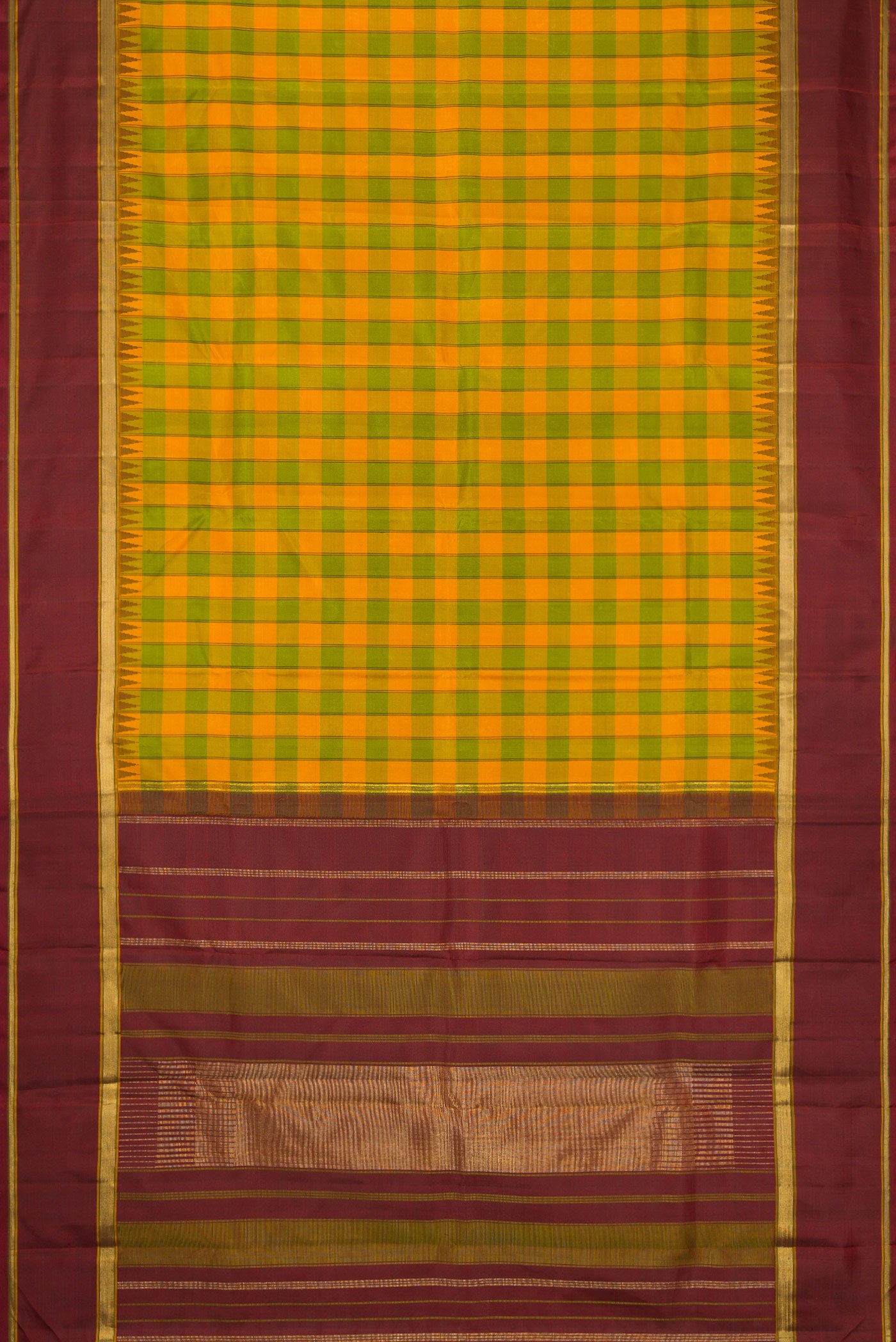Flat view of Pure Silk Pure Zari Green and Yellow Color Kanchipuram Saree with Checked design on the body and Temple Border. 