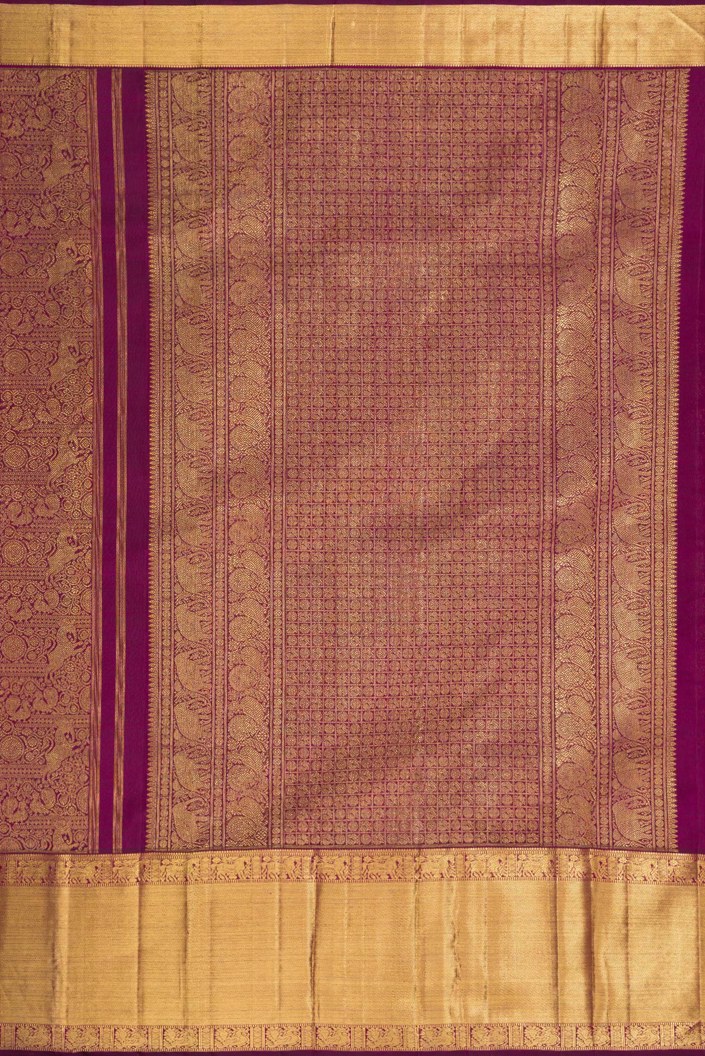 Close up image of the pallu of Pure Silk Pure Zari Burgundy Dual Tone Kanjivaram Saree with Zari Brocade on the body and Zari Border. 