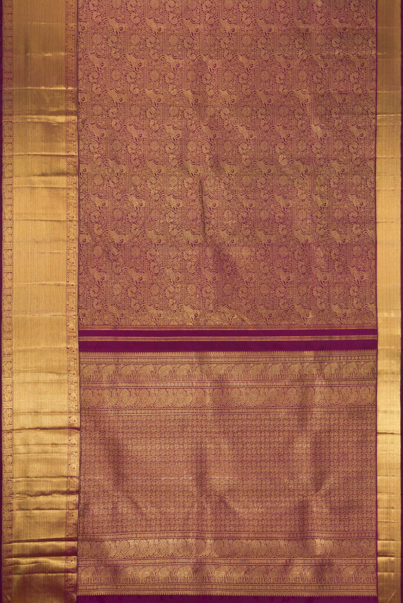 Flat view of Pure Silk Pure Zari Burgundy Dual Tone Kanjivaram Saree with Zari Brocade on the body and Zari Border. 