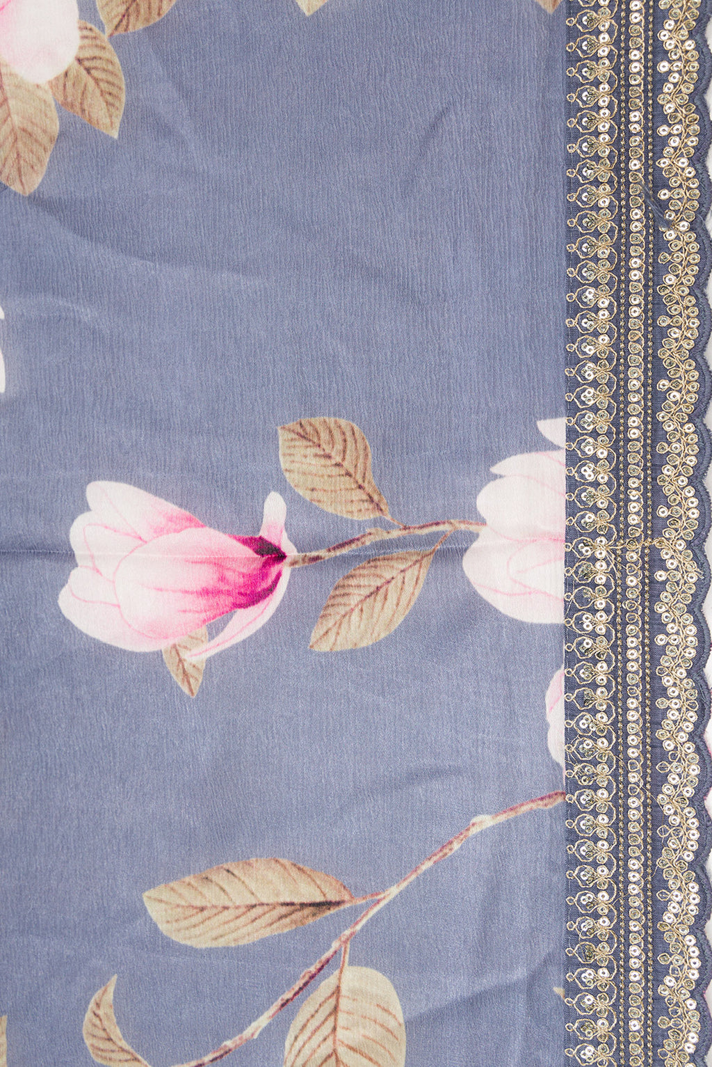 Border image of Grey Dual Tone Organza Silk Saree with Printed design on the body and Embroidery Border. 