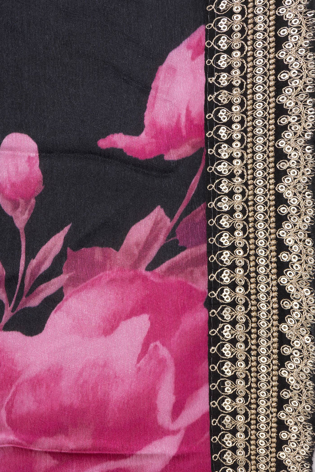 Border image of Black Dual Tone Mysore Crepe Saree with Printed design on the body and Embroidery Border. 