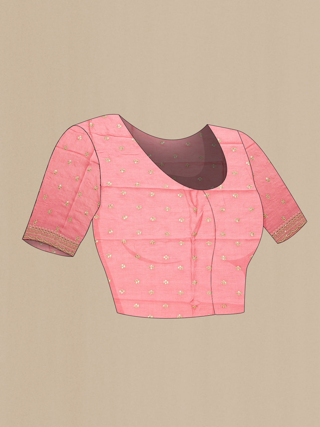 Close up image of the blouse of Pink Dual Tone Organza Silk Saree with Printed design on the body and Embroidery Border. 