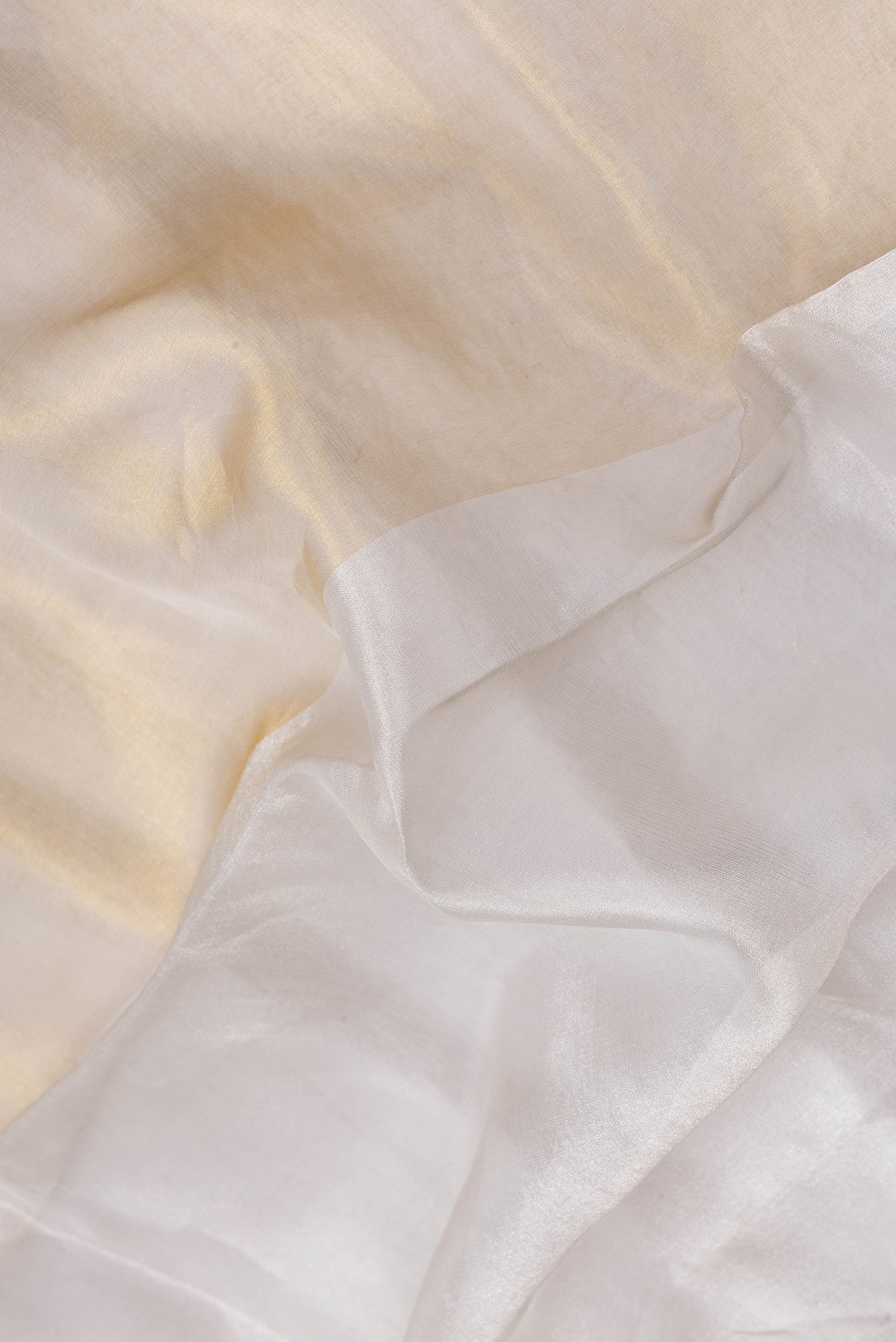 Close up of Mustard Dual Tone Mysore Crepe Saree with Printed design on the body and Embroidery Border.  displaying folds