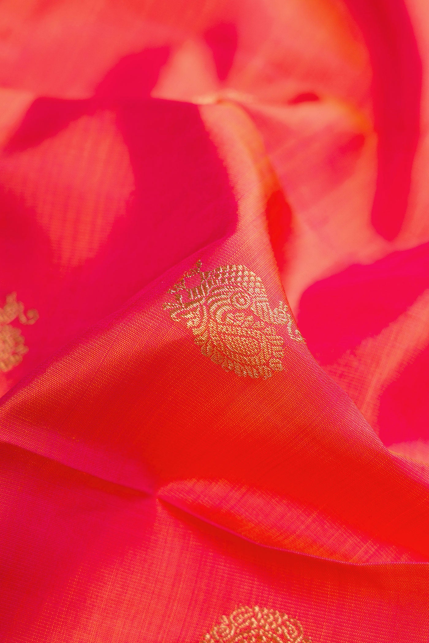 Close up of Pure Silk Pure Zari Coral Dual Tone Kanjivaram Saree with Zari Butta on the body and Zari Border.  displaying folds