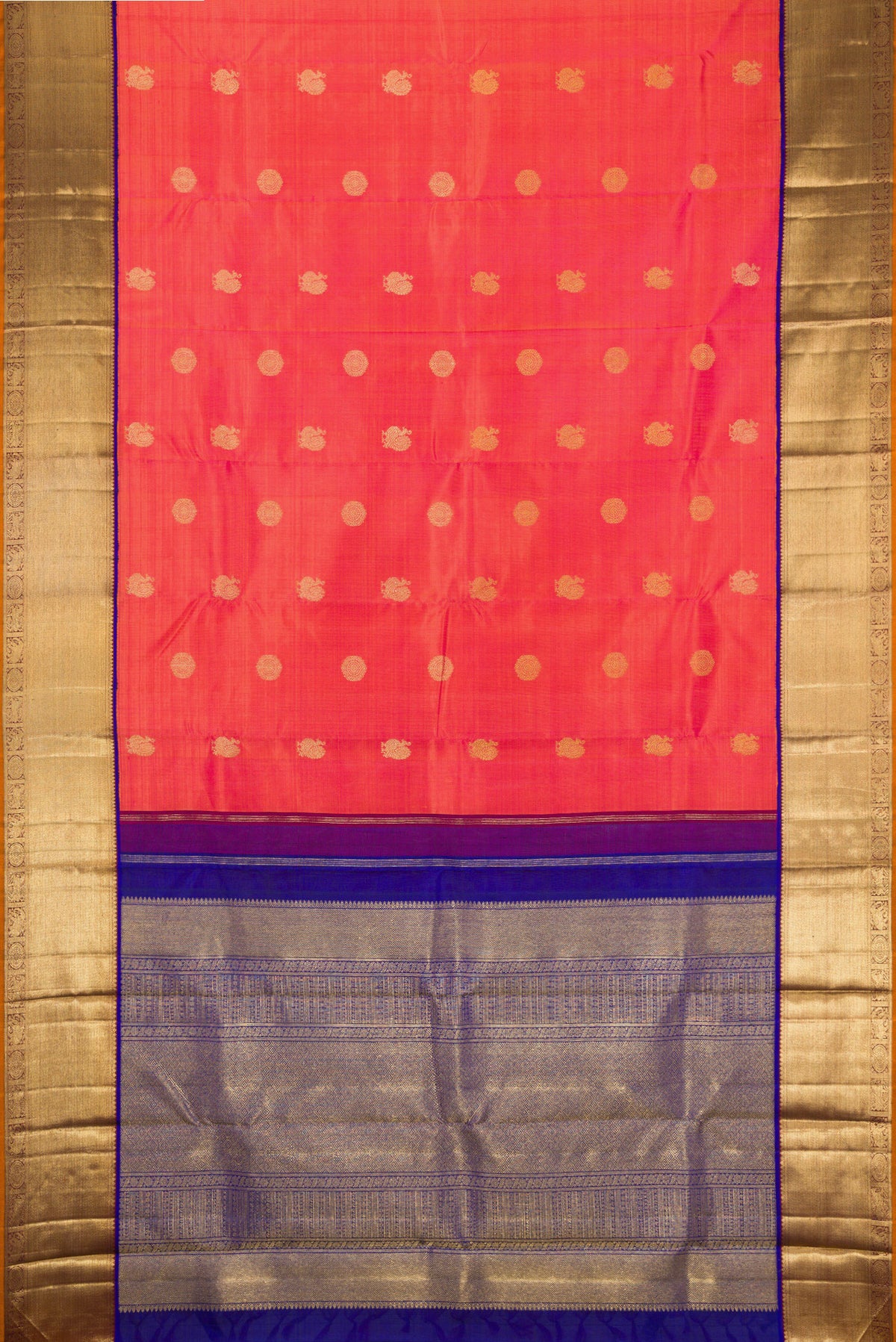 Flat view of Pure Silk Pure Zari Coral Dual Tone Kanjivaram Saree with Zari Butta on the body and Zari Border. 