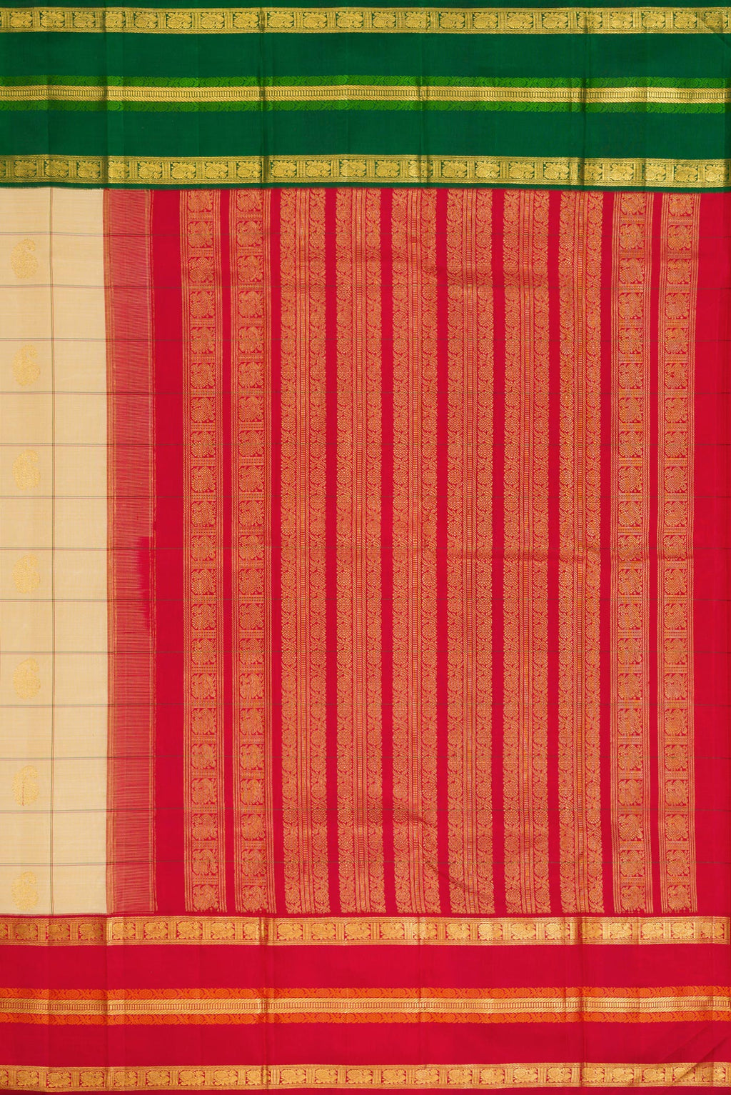 Close up image of the pallu of Pure Silk Pure Zari Sandal Dual Tone Kanchipuram Saree with Checked design on the body and Ganga Jamuna Border. 
