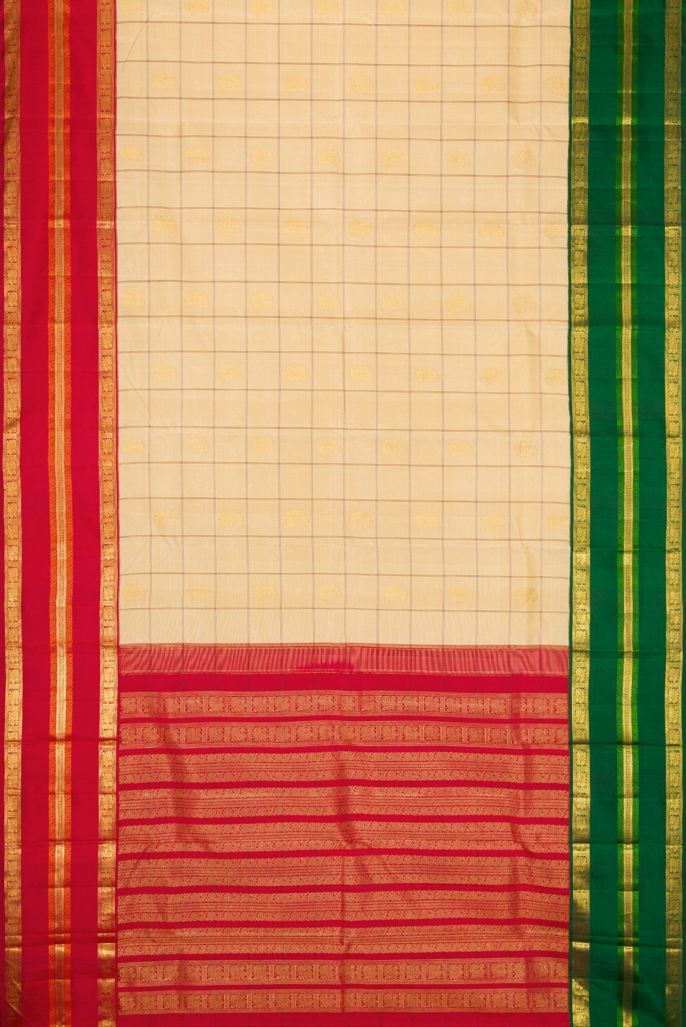 Flat view of Pure Silk Pure Zari Sandal Dual Tone Kanchipuram Saree with Checked design on the body and Ganga Jamuna Border. 