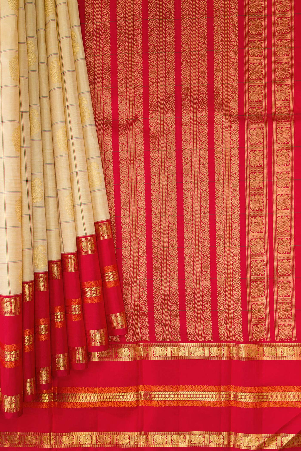 Pleats and pallu of Pure Silk Pure Zari Sandal Dual Tone Kanchipuram Saree with Checked design on the body and Ganga Jamuna Border. 