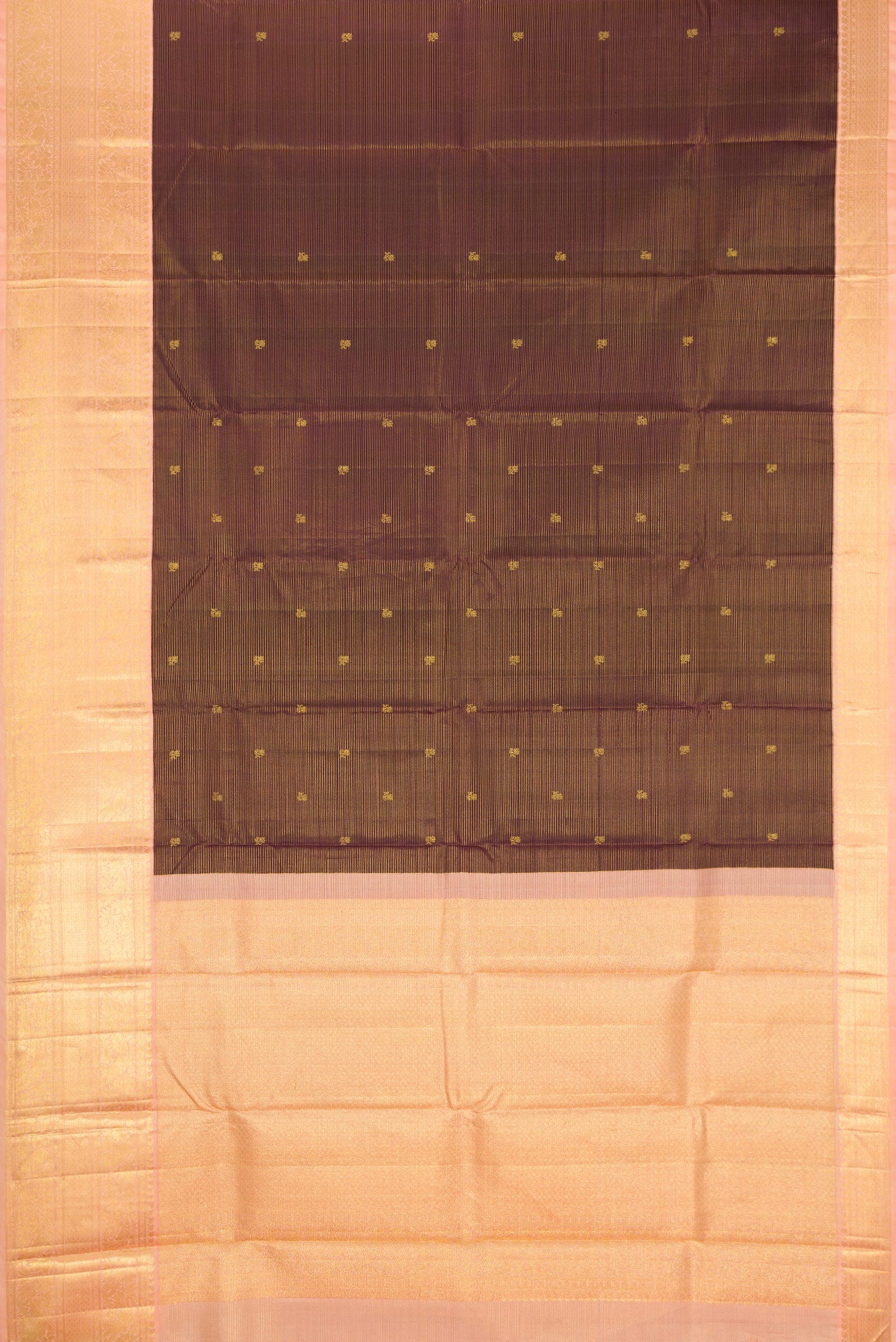 Flat view of Coffee Brown Kanchipuram Silk Saree with Zari Butta on the body and Zari Border. 
