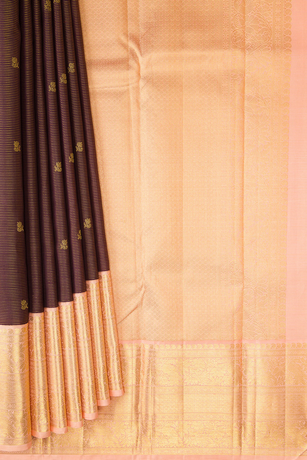 Pleats and pallu of Coffee Brown Kanchipuram Silk Saree with Zari Butta on the body and Zari Border. 