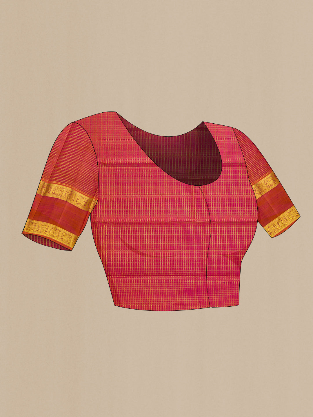 Close up image of the blouse of Purple Dual Tone Kanjivaram Silk Saree with Checked design on the body and Zari Border. 