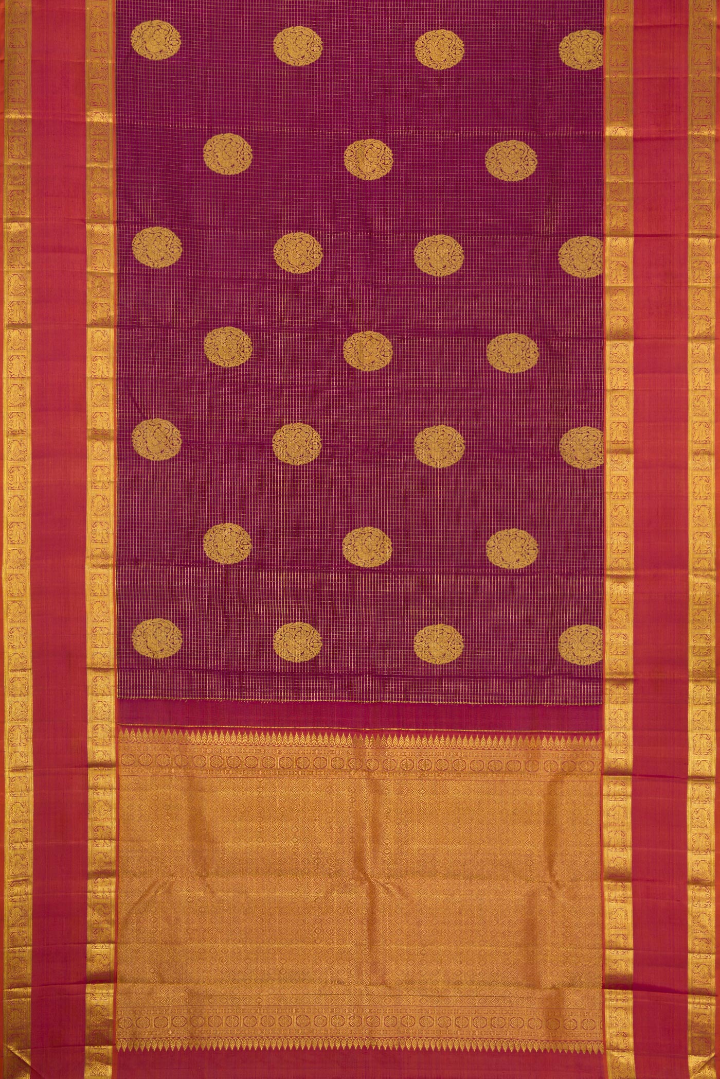 Flat view of Purple Dual Tone Kanjivaram Silk Saree with Checked design on the body and Zari Border. 