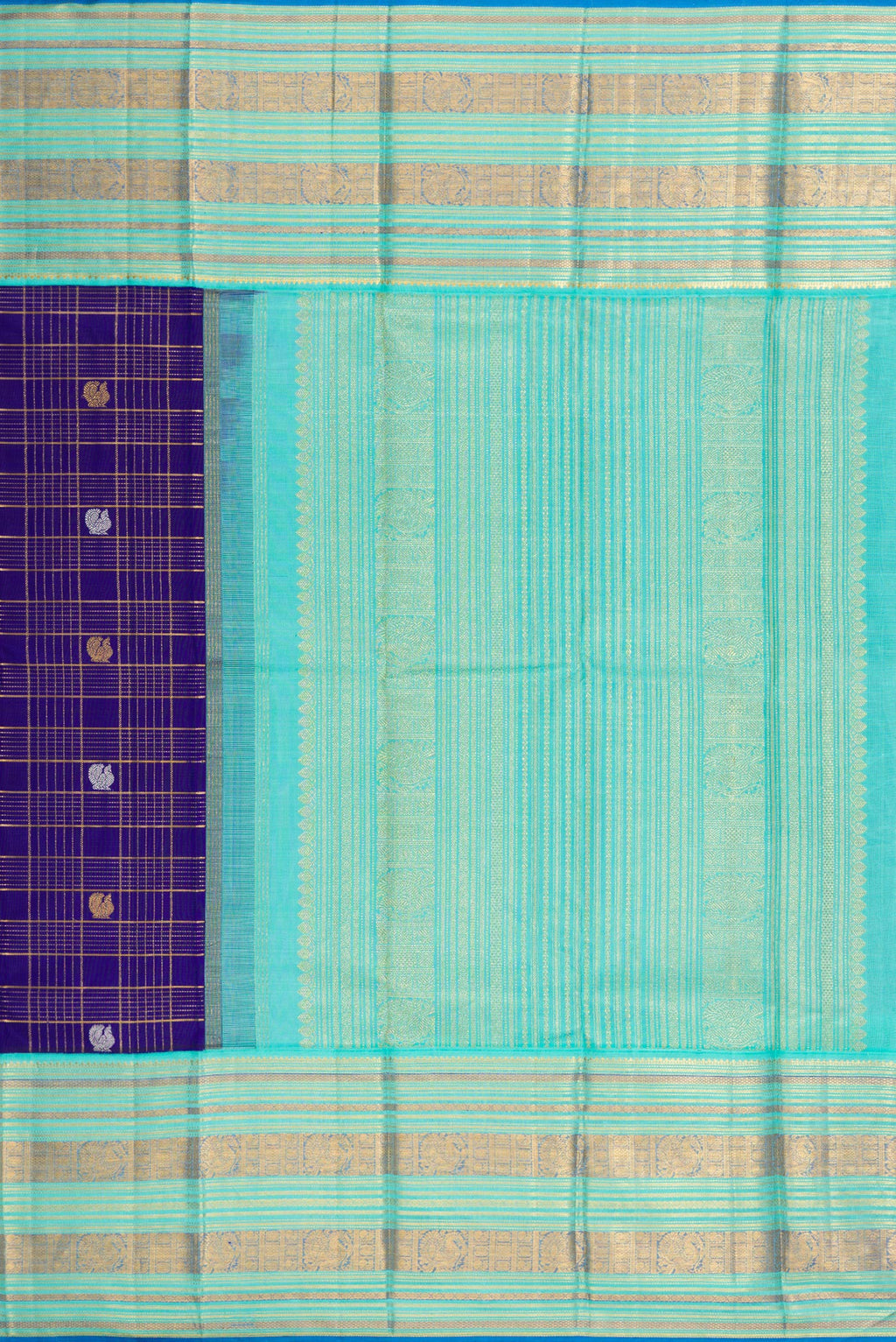 Close up image of the pallu of Pure Silk Pure Zari Royal Blue Dual Tone Kanchipuram Saree with Checked design on the body and Zari Border. 