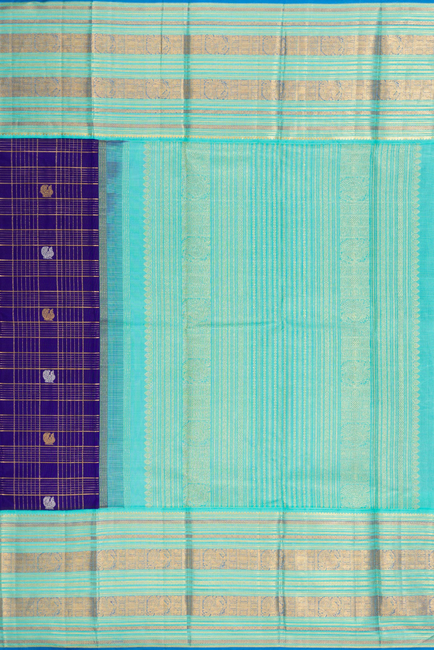 Close up image of the pallu of Pure Silk Pure Zari Royal Blue Dual Tone Kanchipuram Saree with Checked design on the body and Zari Border. 