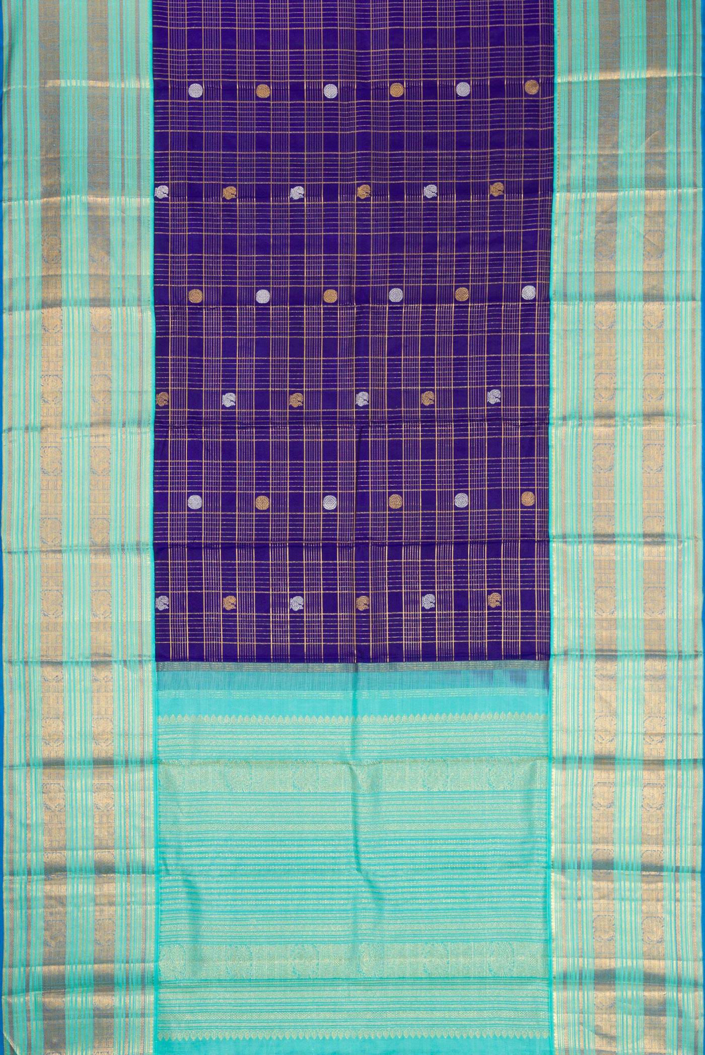 Flat view of Pure Silk Pure Zari Royal Blue Dual Tone Kanchipuram Saree with Checked design on the body and Zari Border. 