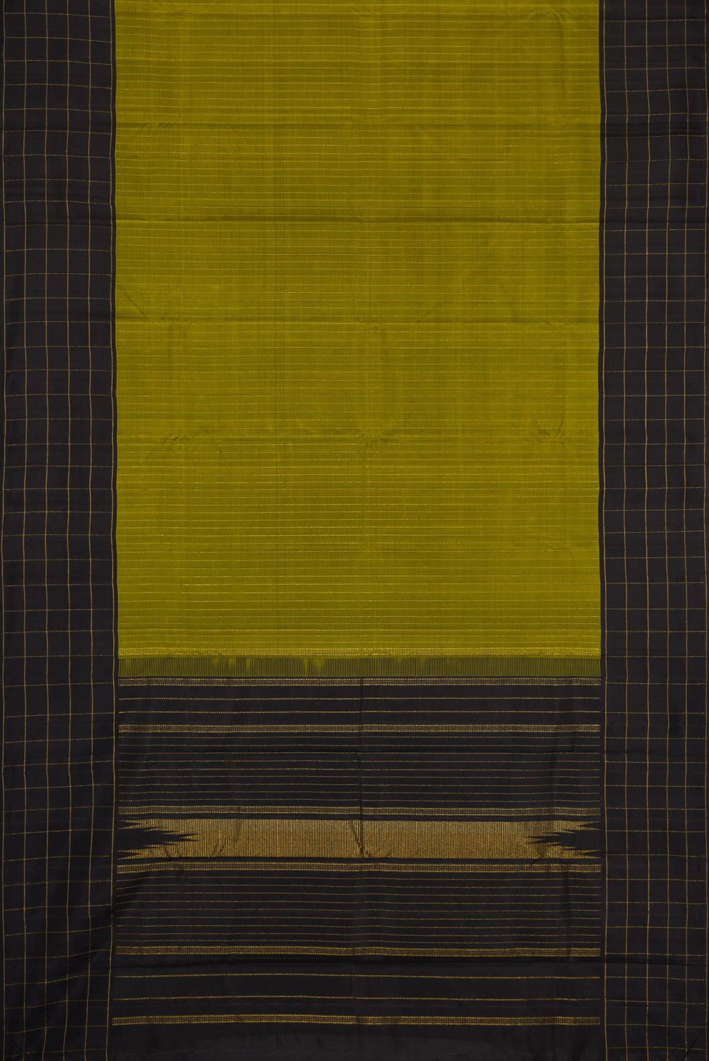 Flat view of Mehandi Green Dual Tone Kanjivaram Silk Saree with Stripes on the body and Checks Border. 