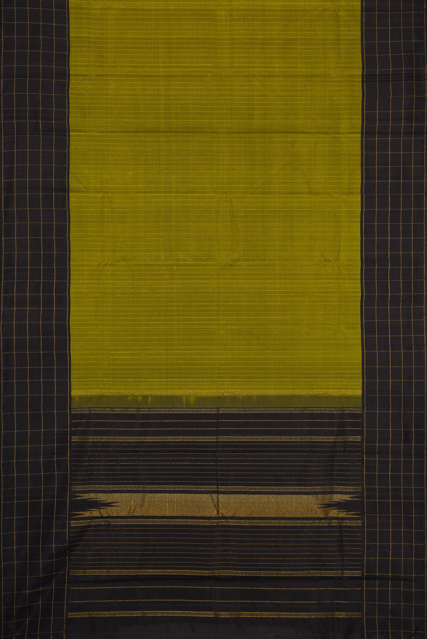 Flat view of Mehandi Green Dual Tone Kanjivaram Silk Saree with Stripes on the body and Checks Border. 