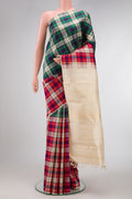 Red and Green Color Kanjivaram Silk Saree with Checked design on the body and Without Border.  displayed on a mannequin