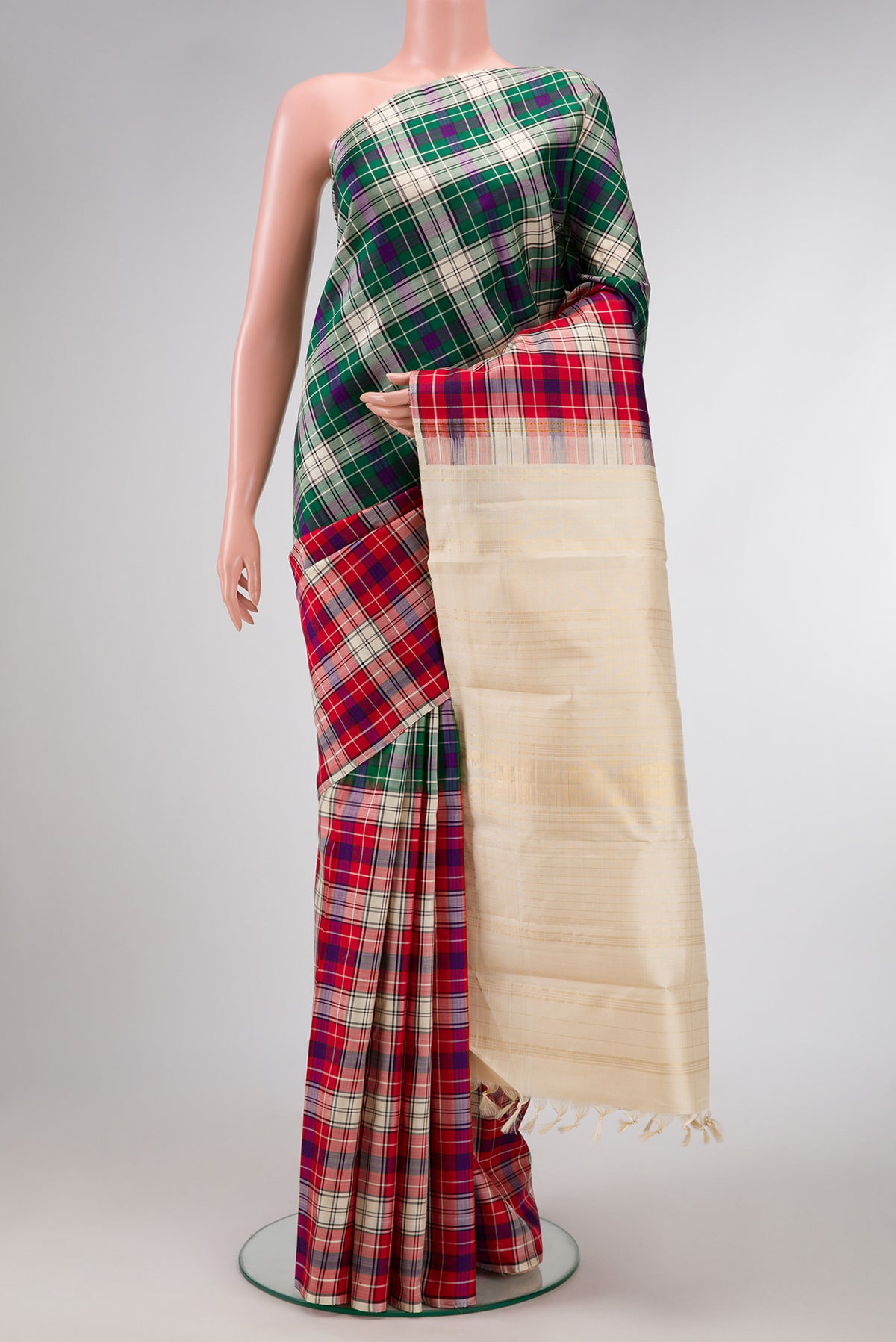 Red and Green Color Kanjivaram Silk Saree with Checked design on the body and Without Border.  displayed on a mannequin