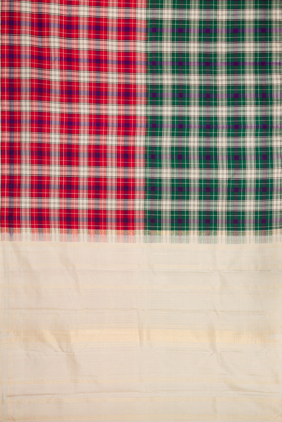 Flat view of Red and Green Color Kanjivaram Silk Saree with Checked design on the body and Without Border. 